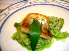 Zander auf Bärlauchrisotto, grüner Spargel, Bärlauchöl. Selbst im Wald gesammelt hat Frau Neidhart den Bärlauch. Der besondere Clou bei diesem Gericht ist das Bärlauchöl, für das die frischen Blätter einfach mit ein wenig Öl püriert werden.